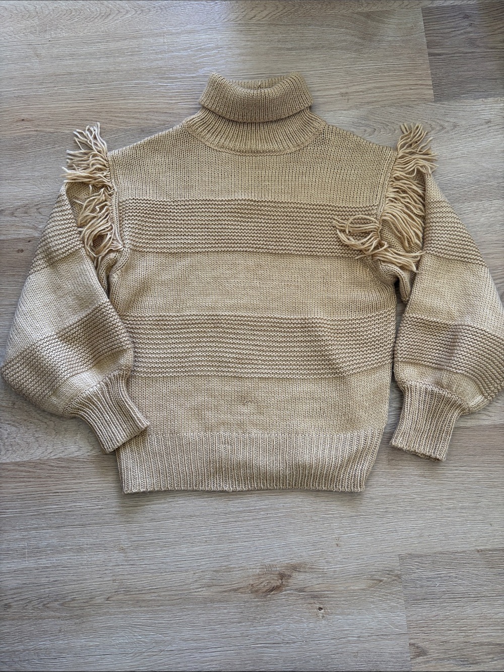 Crescent Beige Fringe Turtleneck Sweater